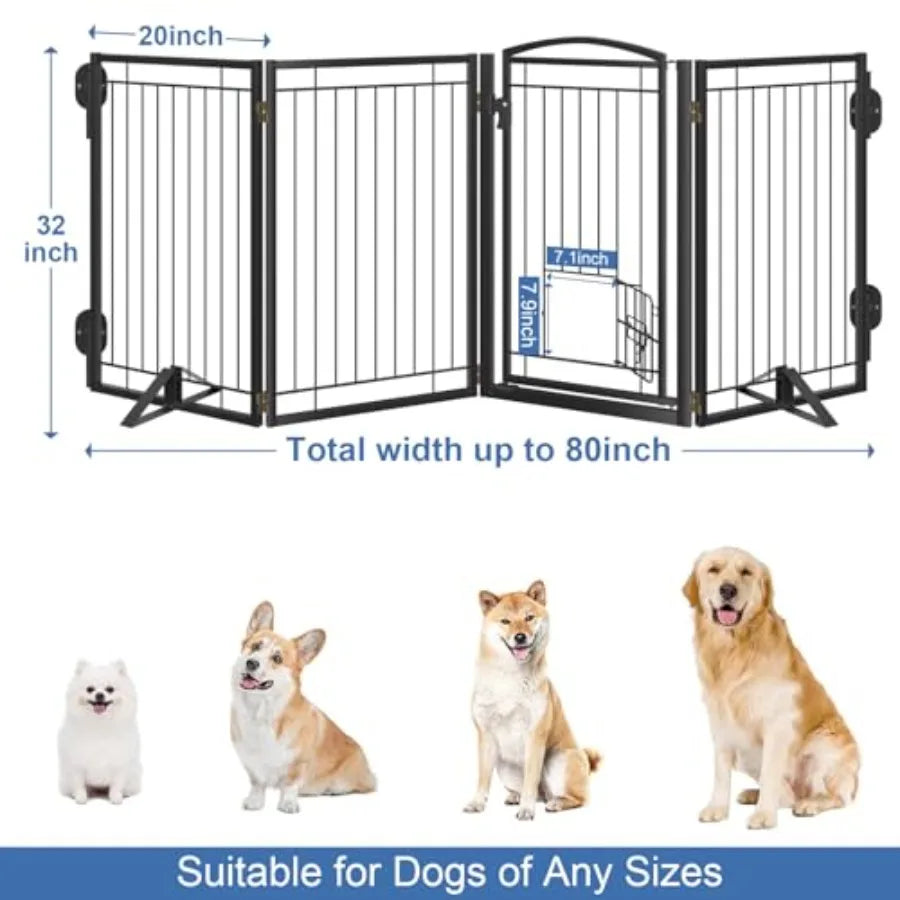 Full Metal Freestanding Dog Gate with Cat Door for OutdoorandIndoor32" Tall Foldable Dog Fence 80" Extra Wide Freestanding Pet