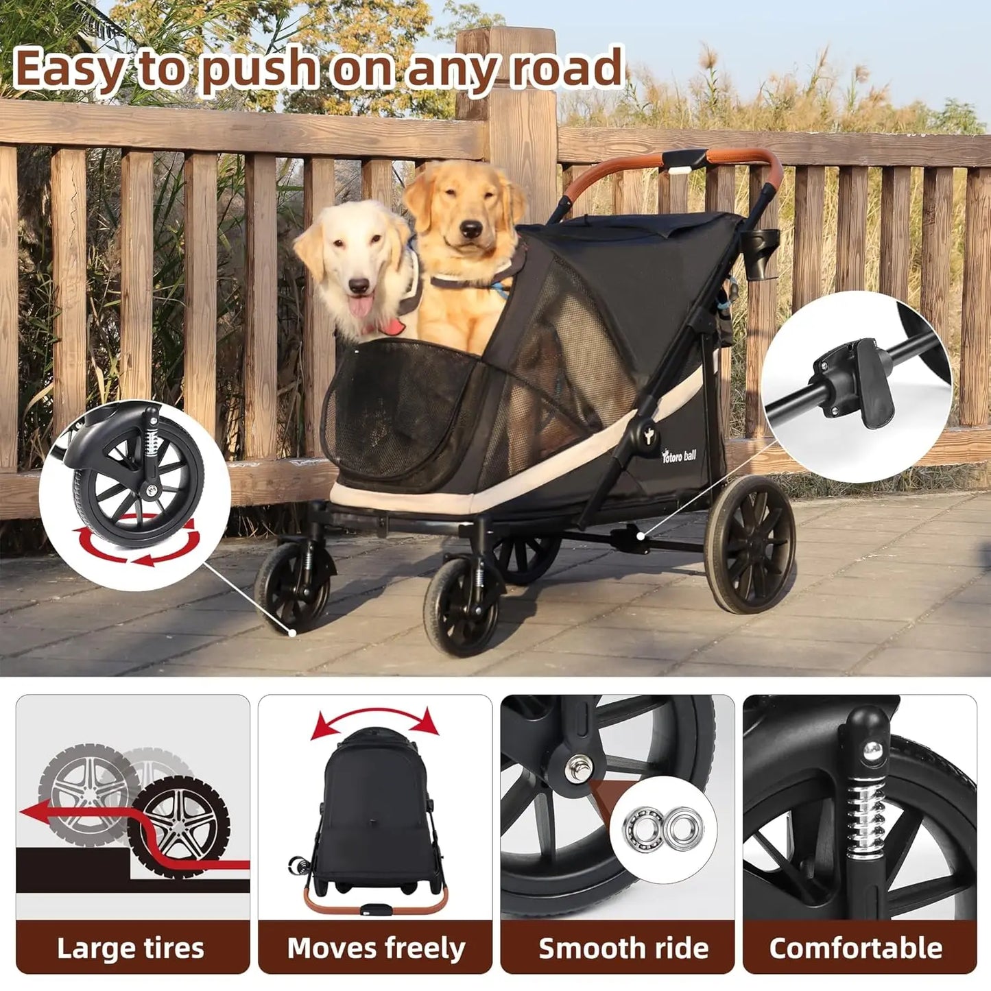 Large Dog Stroller for 2 Pets, One-Click Foldable with Storage, Holds Up to 80LBS