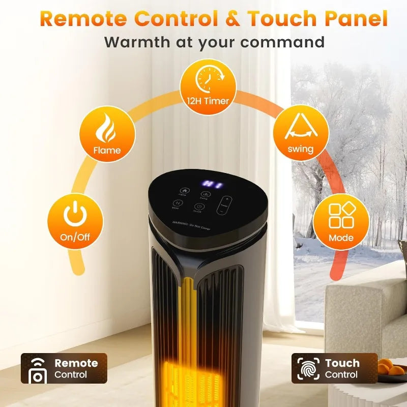 Auertech 34.5" Space Heaters,1500W PTC Electric Heater with 3D Flame,Oscillating Heater w/ 12H Timer,Portable Tower Heaters,Grey