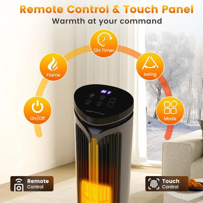 Auertech 34.5" Space Heaters,1500W PTC Electric Heater with 3D Flame,Oscillating Heater w/ 12H Timer,Portable Tower Heaters,Grey