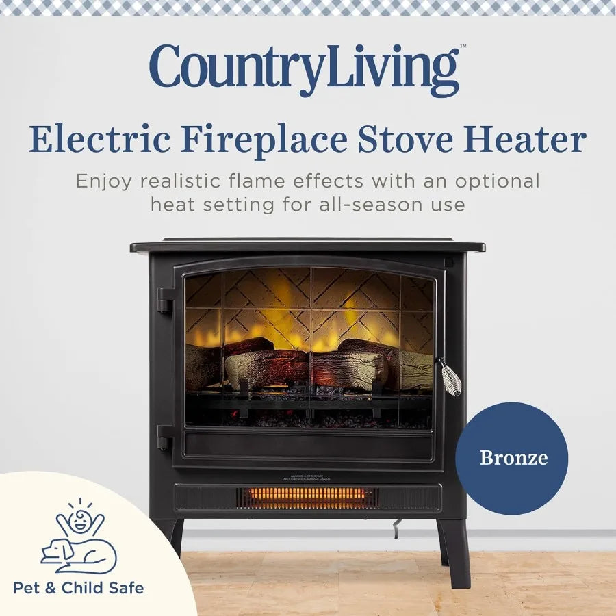 Infrared Freestanding Electric Fireplace Stove Heater in Bronze with Multiple Flame Colors and Faux Wooden Logs Metal Design Al