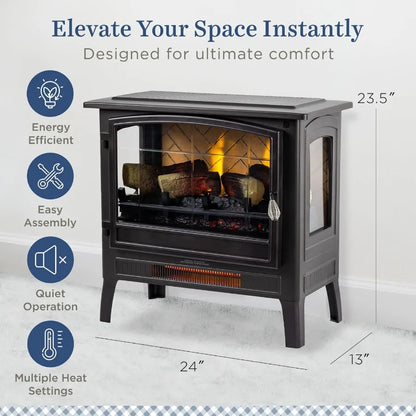Infrared Freestanding Electric Fireplace Stove Heater in Bronze with Multiple Flame Colors and Faux Wooden Logs Metal Design Al