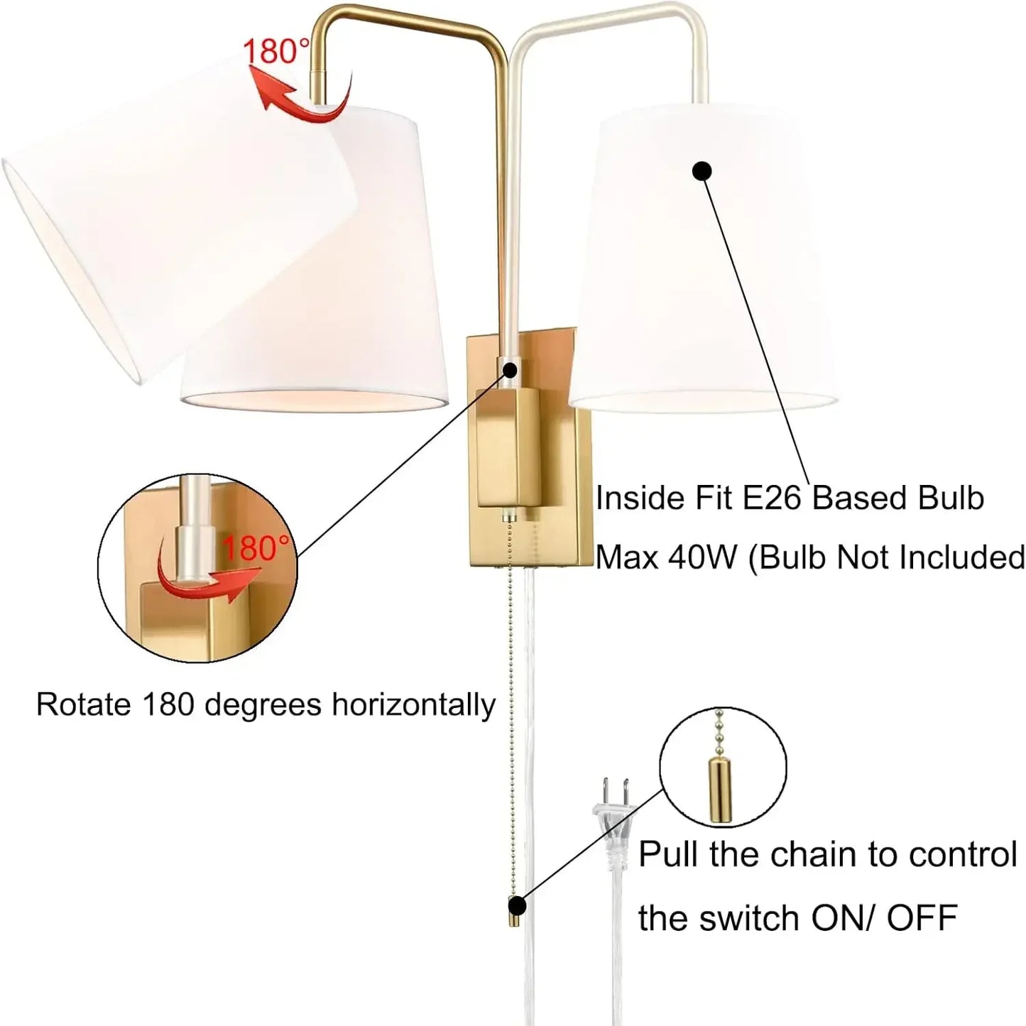 Wall Sconces Set of Two, Gold Fabric Shade Wall Sconce Bedroom Plug-in Wall Lamp Set of 2