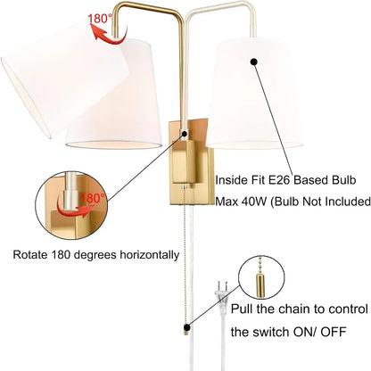Wall Sconces Set of Two, Gold Fabric Shade Wall Sconce Bedroom Plug-in Wall Lamp Set of 2
