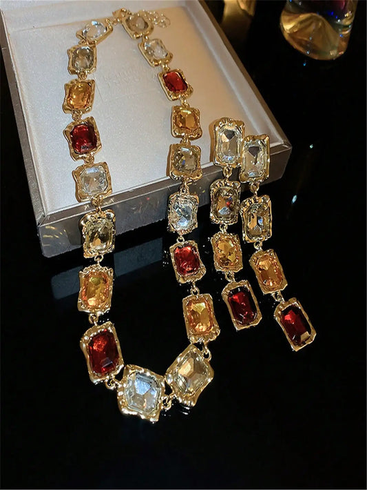 Retro Luxury Rhinestone Square Choker Necklace for Women, Exaggerated Court Style Collarbone Jewelry