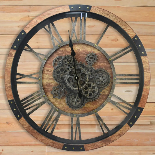 27 Inch Vintage Wood Wall Clock with Moving Gears and Tempered Glass, Rustic Decor for Living Room
