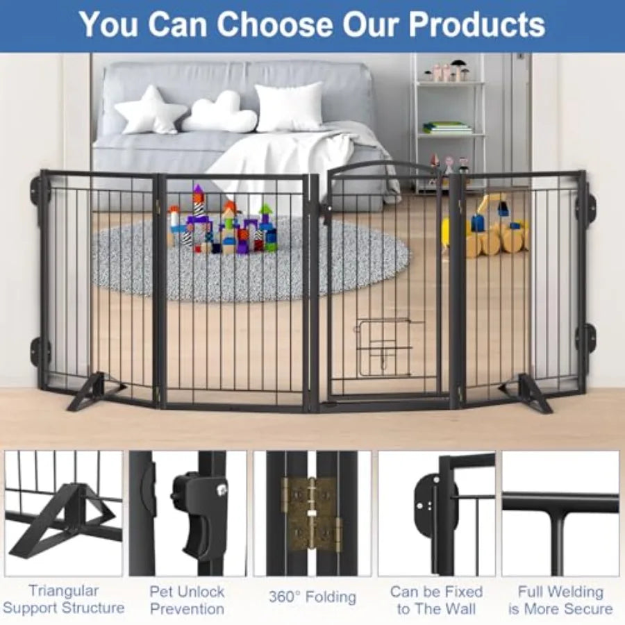 Full Metal Freestanding Dog Gate with Cat Door for OutdoorandIndoor32" Tall Foldable Dog Fence 80" Extra Wide Freestanding Pet
