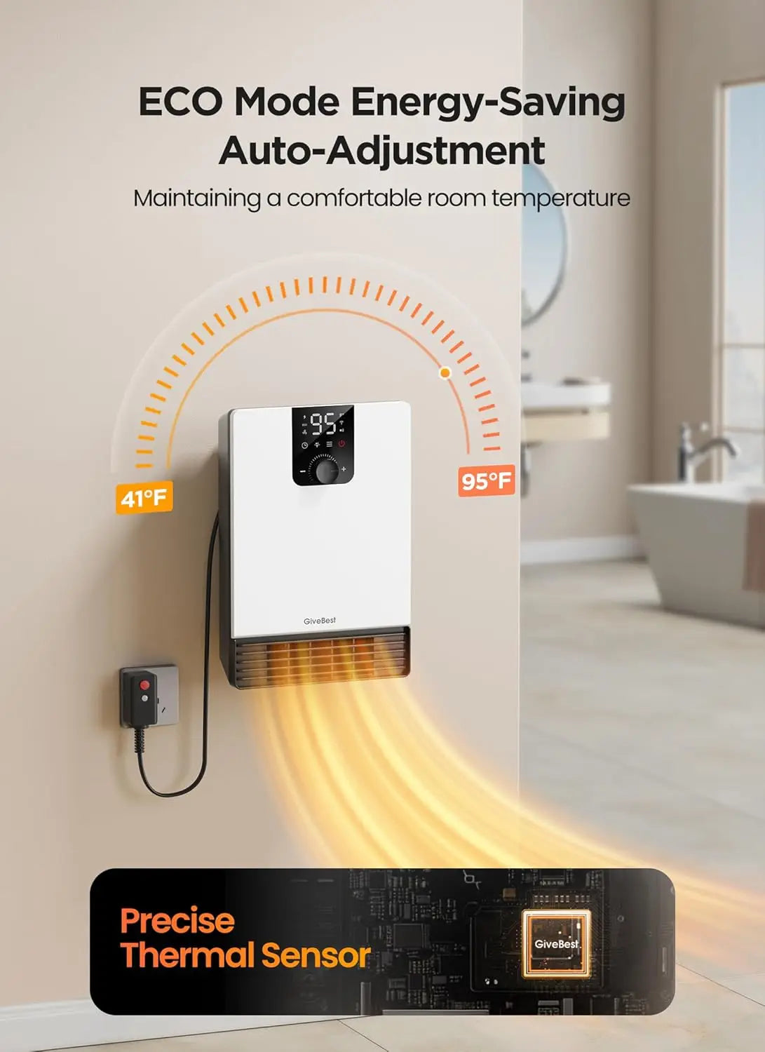 Wall Heater, 1500W Electric Space Heater, Adjustable Thermostat, 3 Modes, 24H Timer, Easy Mount, White