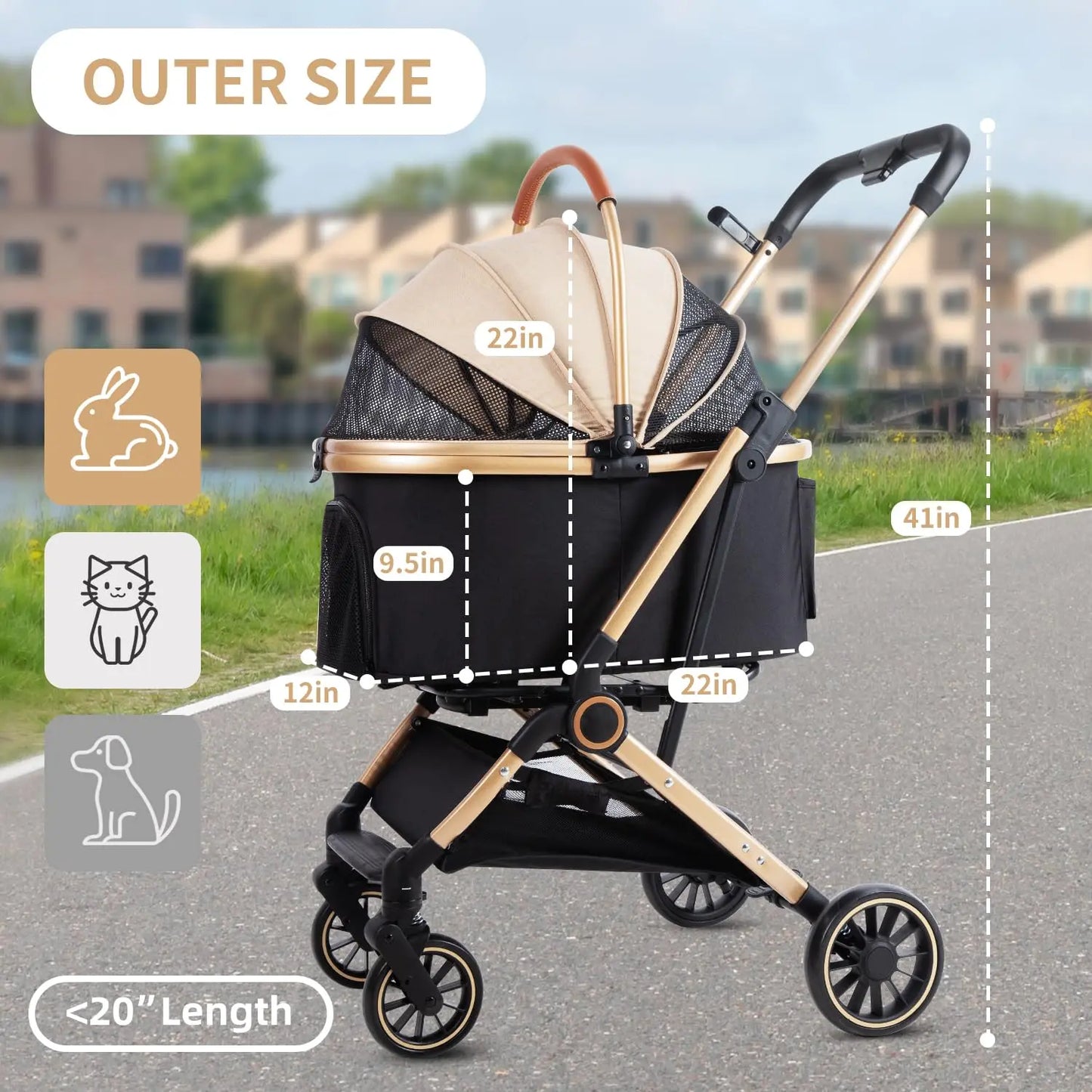 Foldable 3-in-1 Pet Stroller with Storage Basket, for Small/Medium Dogs Cats up to 50lbs