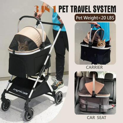 Lightweight Pet Stroller for Small Dogs & Cats Under 20 lb, Converts to Car Seat, One-Hand Fold