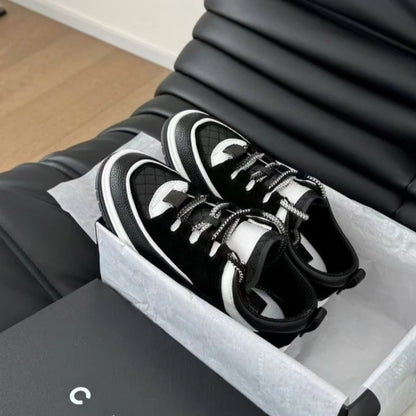 Women's Shoes Round Head Cowhide Color Matching Casual Sports Shoes Diamond Line Lace-up Leather Board Shoes
