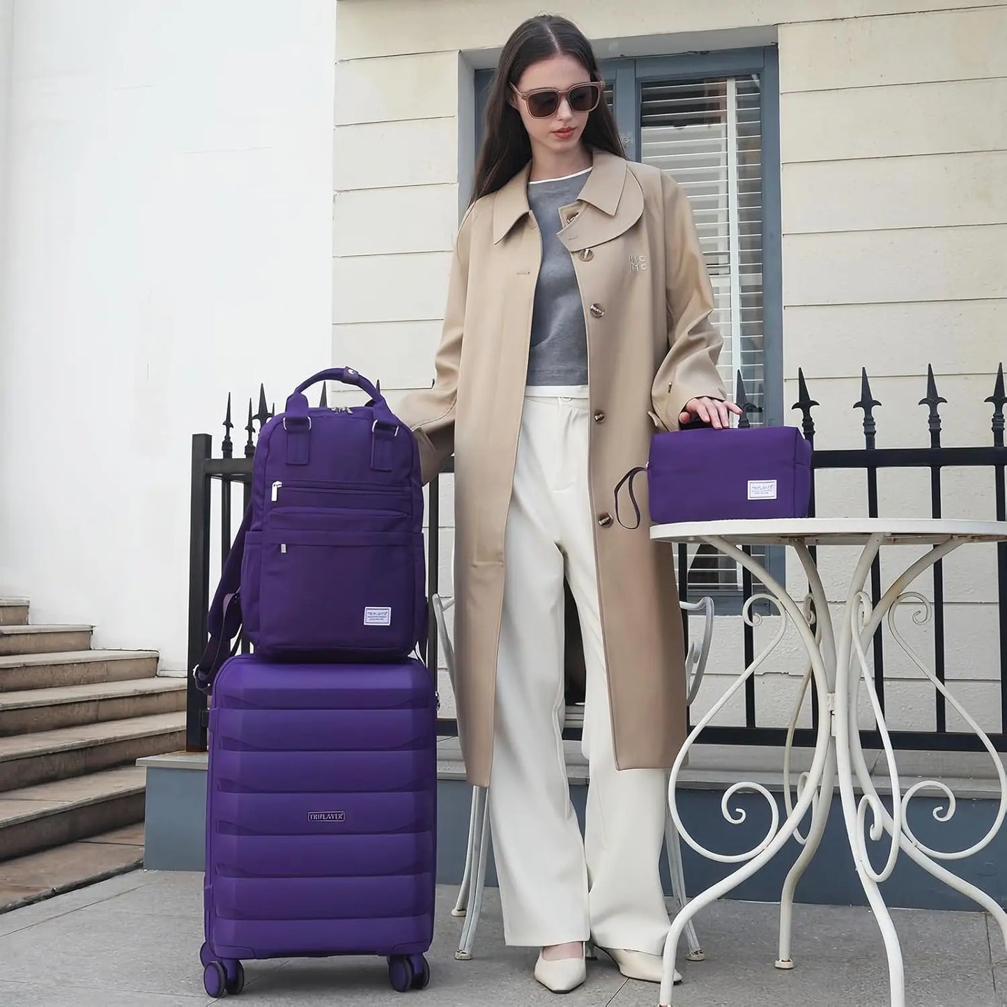 5-Piece Luggage Set with Spinner Wheels, Backpack for Women - Purple (3 Suitcases)