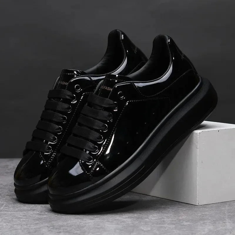 Luxury Shoes 2026 Trendy Men's Autumn New Glossy Black Casual Leather Shoes, Spring Fall Fashion Sneakers 5481