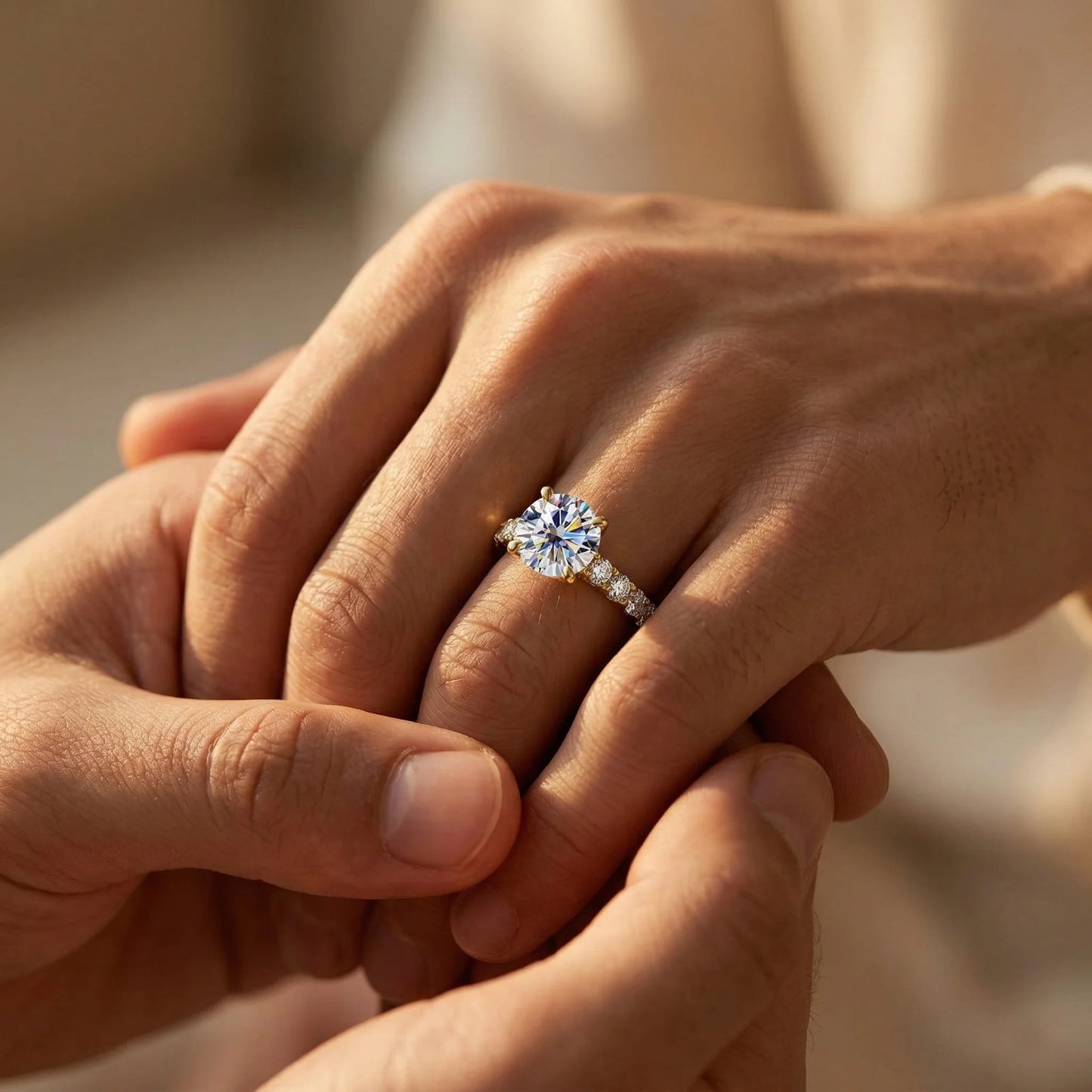 3.5 Carat White Moissanite Ring, 925 Sterling Silver, 18K Gold Plated, 4 Prong Round Center with Side Stones, GRA Certificate
