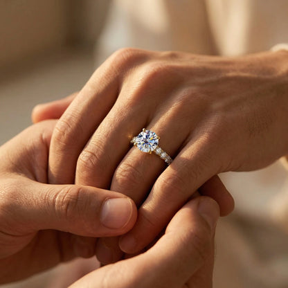 3.5 Carat White Moissanite Ring, 925 Sterling Silver, 18K Gold Plated, 4 Prong Round Center with Side Stones, GRA Certificate