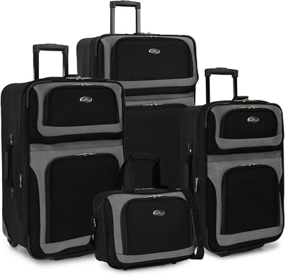 Lightweight Expandable Rolling Luggage Set, Black, 4-Piece with Smooth Wheels