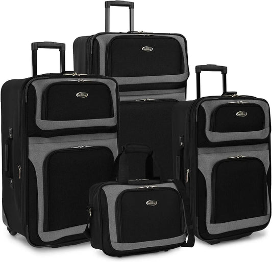Lightweight Expandable Rolling Luggage Set, Black, 4-Piece with Smooth Wheels