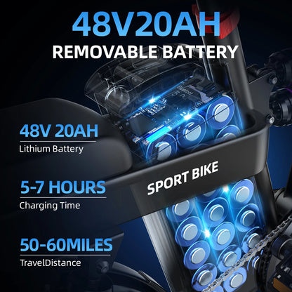 Toofly 1000W Electric Bike 16 Inch 48V 20Ah Lithium Battery Powerful Speed E-Bike City Commuting Bicycle Adult Unisex