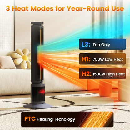 Auertech 34.5" Space Heaters,1500W PTC Electric Heater with 3D Flame,Oscillating Heater w/ 12H Timer,Portable Tower Heaters,Grey