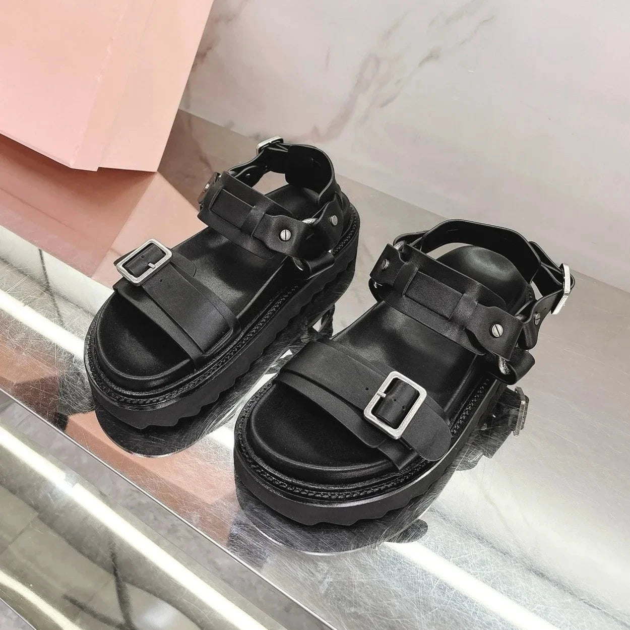 2025 Summer Newest Retro Genuine Leather Open-Toe Thick Sole Buckle-Strap Woman Sandals Mary Janes Beacg Shoes Mules