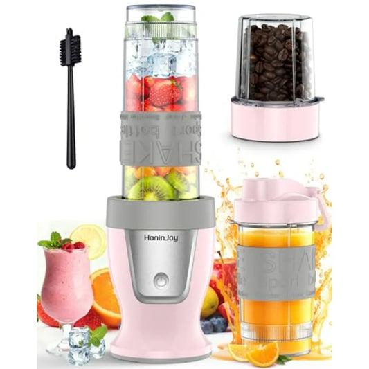 Personal Smoothie Blender 650W with Grinder Cup and 2 BPA-Free Portable Cups 20oz+14oz for Shakes Juices Smoothies Maker Pink