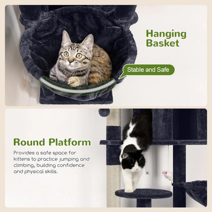 82-Inch Tall Cat Tree Tower for Multiple Adult Cats with Scratching Posts, Perches, Condos and Hanging Baskets, Dark Grey