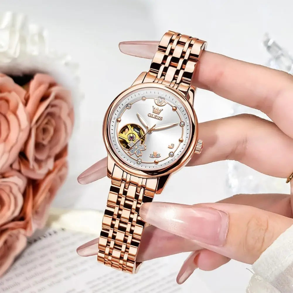 OLEVS Womens Automatic Watches Luxury Diamond DrWatch or Woman Sel Winding Ceic Strap Waterproo Watch and Bracelet Set or Ladies