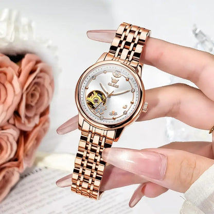 OLEVS Womens Automatic Watches Luxury Diamond DrWatch or Woman Sel Winding Ceic Strap Waterproo Watch and Bracelet Set or Ladies