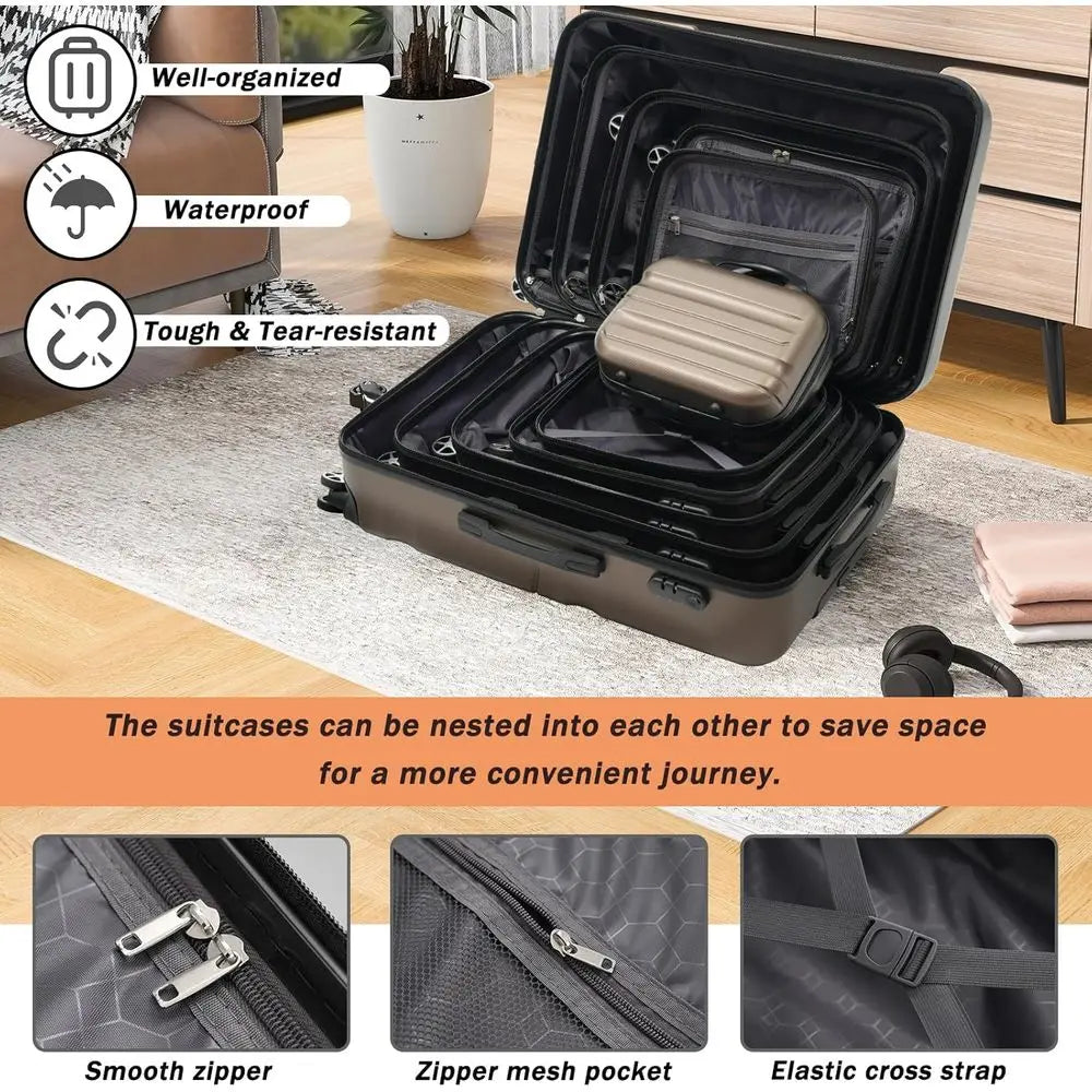 6-Piece Hardshell ABS Luggage Set with 8 Silent Spinner Wheels for Durable and Lightweight Travel