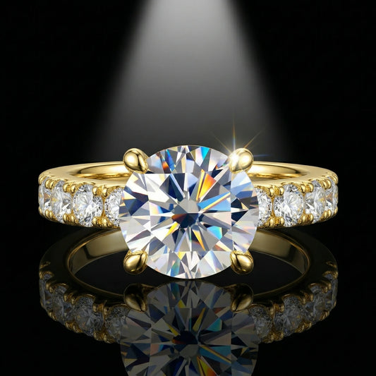 3.5 Carat White Moissanite Ring, 925 Sterling Silver, 18K Gold Plated, 4 Prong Round Center with Side Stones, GRA Certificate
