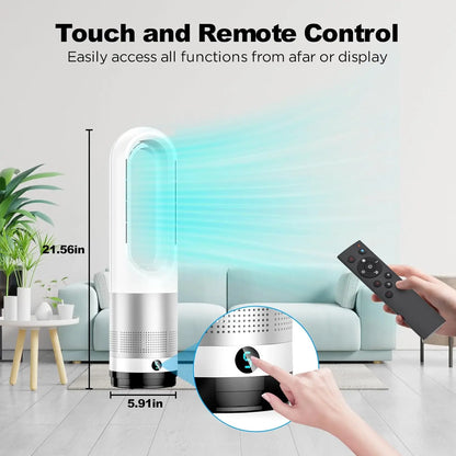 Bladeless Tower Fan Heater Cooler Combo Remote Oscillation Speeds Heating Modes Timer LED Display Quiet Safety Fast Heat Bedroom