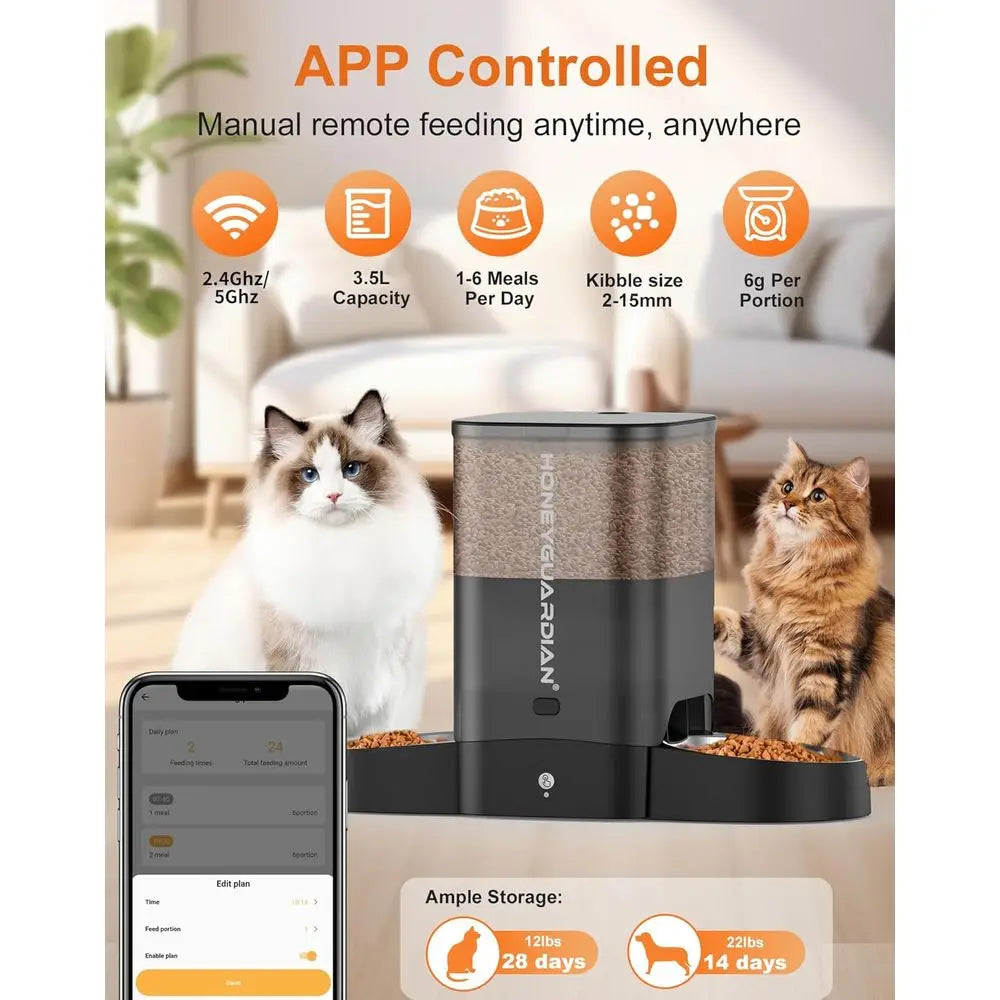 Automatic Cat Feeder, 5G Smart Pet Feeder with Stainless Steel Bowl, APP Control Dispenser, Dual Power Supply, Desiccant Bag, 10