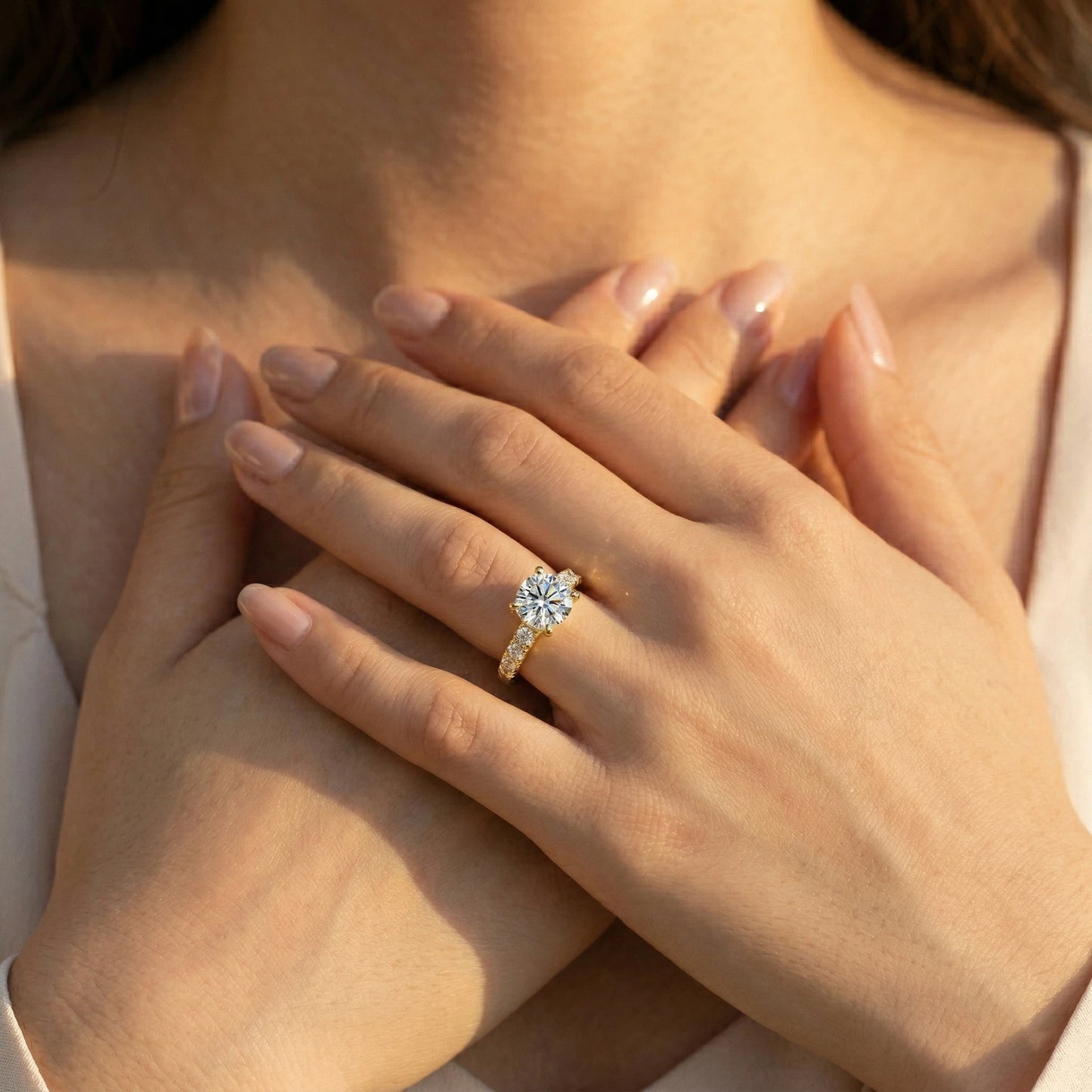 3.5 Carat White Moissanite Ring, 925 Sterling Silver, 18K Gold Plated, 4 Prong Round Center with Side Stones, GRA Certificate