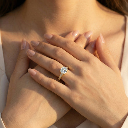 3.5 Carat White Moissanite Ring, 925 Sterling Silver, 18K Gold Plated, 4 Prong Round Center with Side Stones, GRA Certificate
