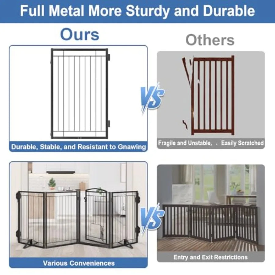 Full Metal Freestanding Dog Gate with Cat Door for OutdoorandIndoor32" Tall Foldable Dog Fence 80" Extra Wide Freestanding Pet