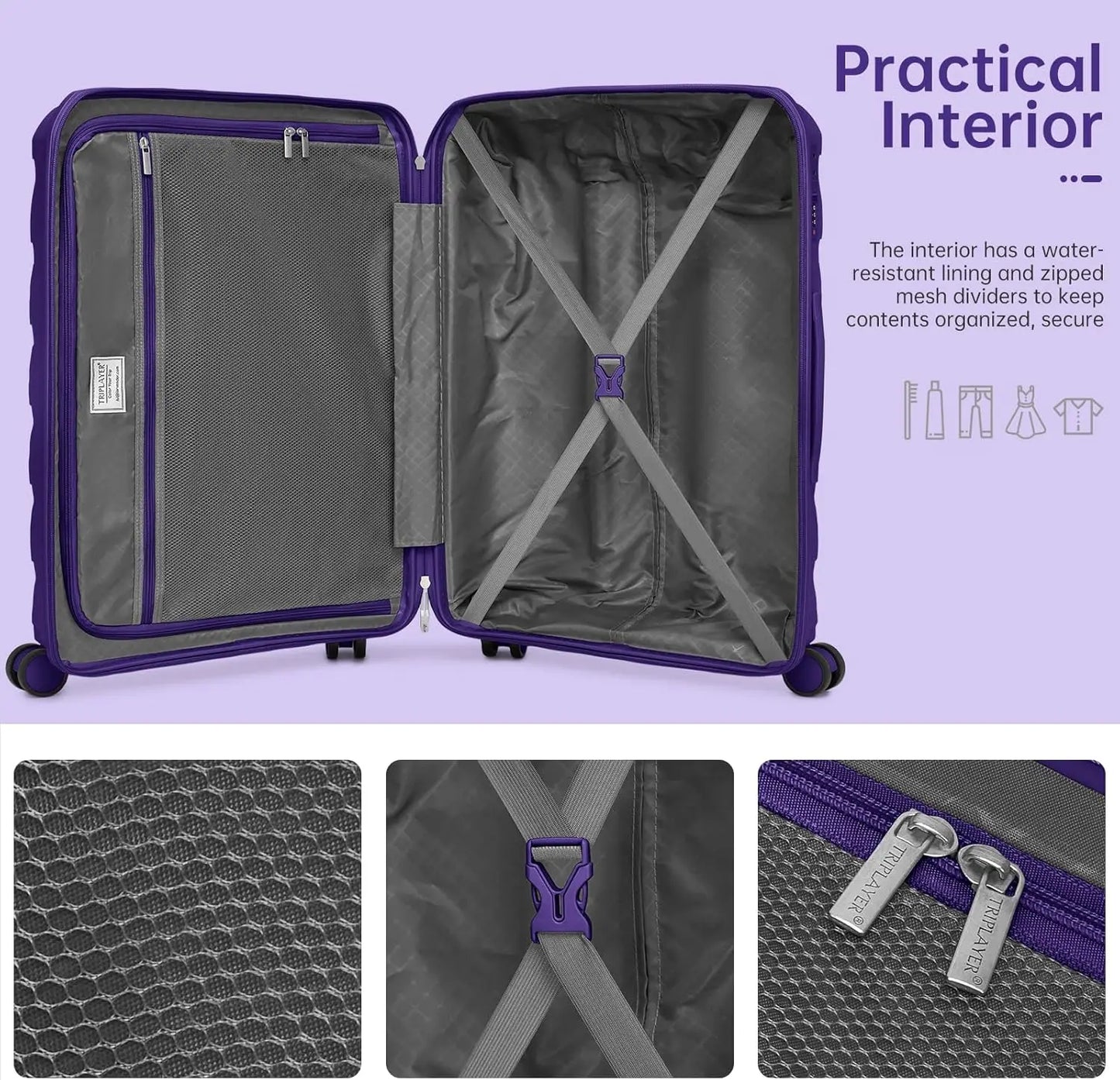 5-Piece Luggage Set with Spinner Wheels, Backpack for Women - Purple (3 Suitcases)