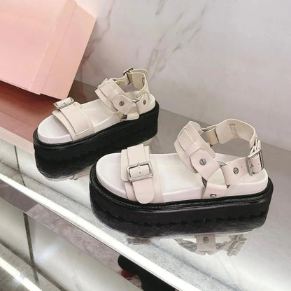 2025 Summer Newest Retro Genuine Leather Open-Toe Thick Sole Buckle-Strap Woman Sandals Mary Janes Beacg Shoes Mules