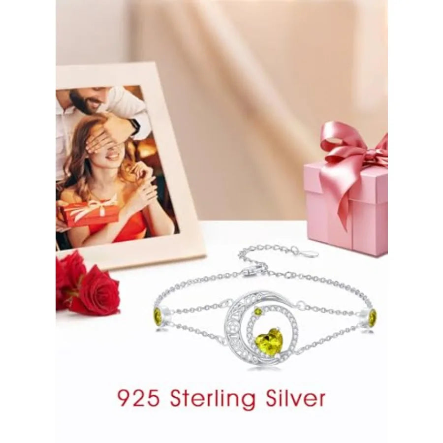 Dorunmo 925 Sterling Silver Moon Heart Birthstone Anklet Bracelets for Women Best Mother's Day Birthday Jewelry for Wife Girlfr