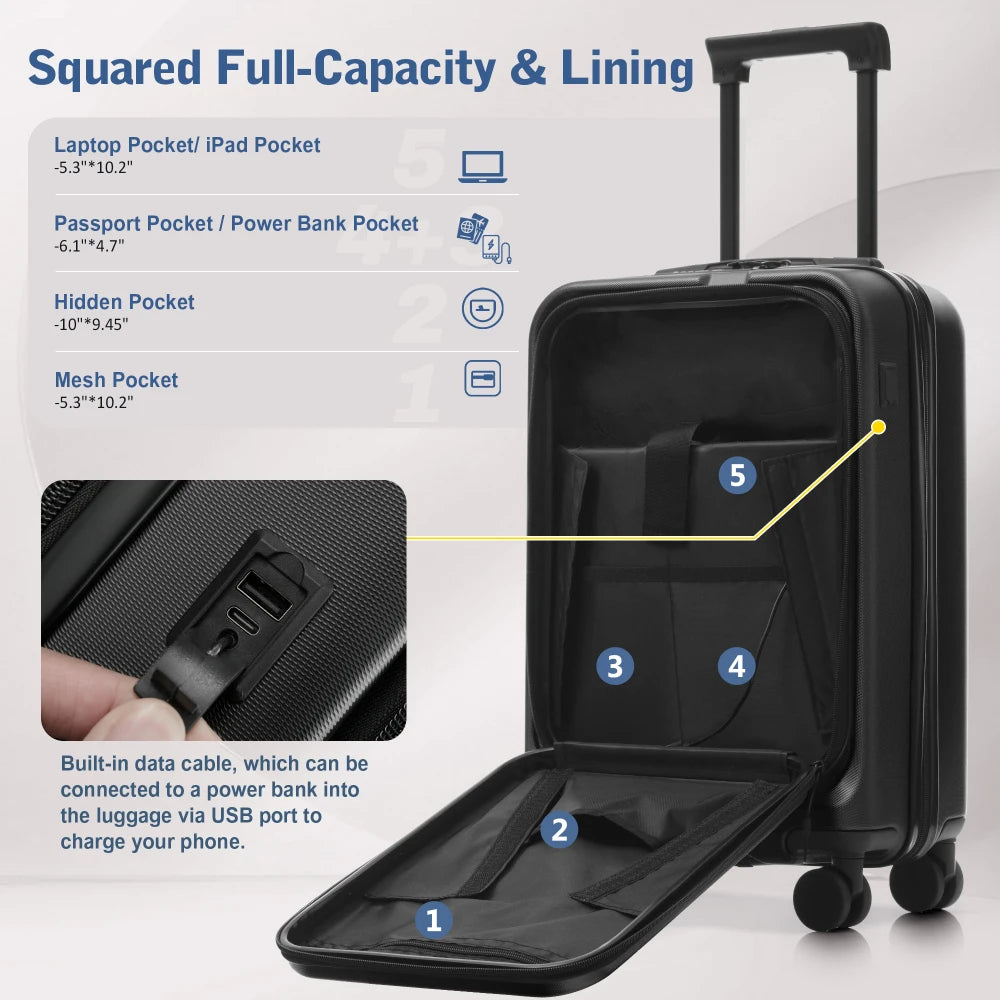Lightweight 5Pcs Hardside Luggage Sets, Front Opening Expandable Suitcase with USB & TSA Lock, 3 Sizes Spinner Wheels