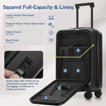 Lightweight 5Pcs Hardside Luggage Sets, Front Opening Expandable Suitcase with USB & TSA Lock, 3 Sizes Spinner Wheels