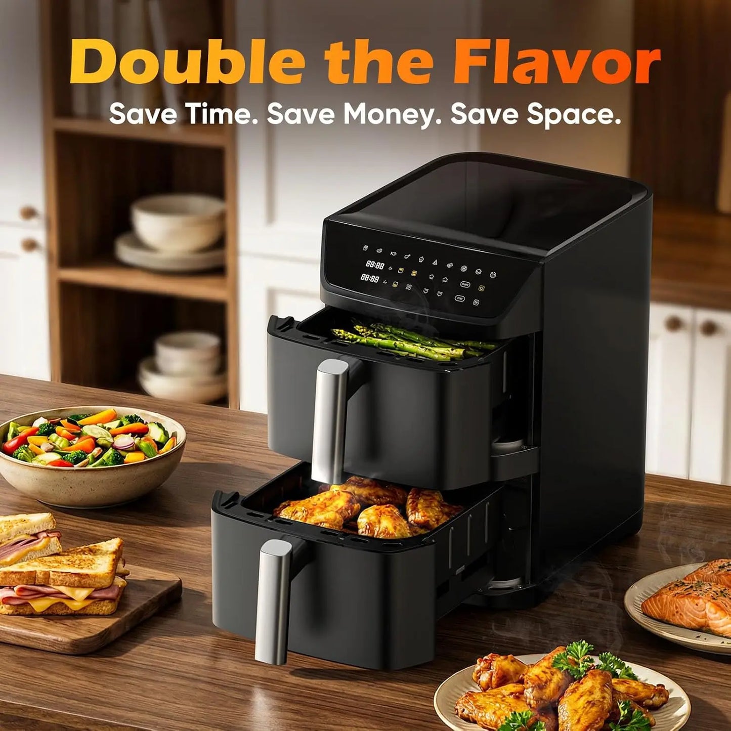 12.6QT Dual Basket Air Fryer for 10-12 People, XL Basket Fits 6LB Chicken, 10-in-1 Functions with SyncFinish