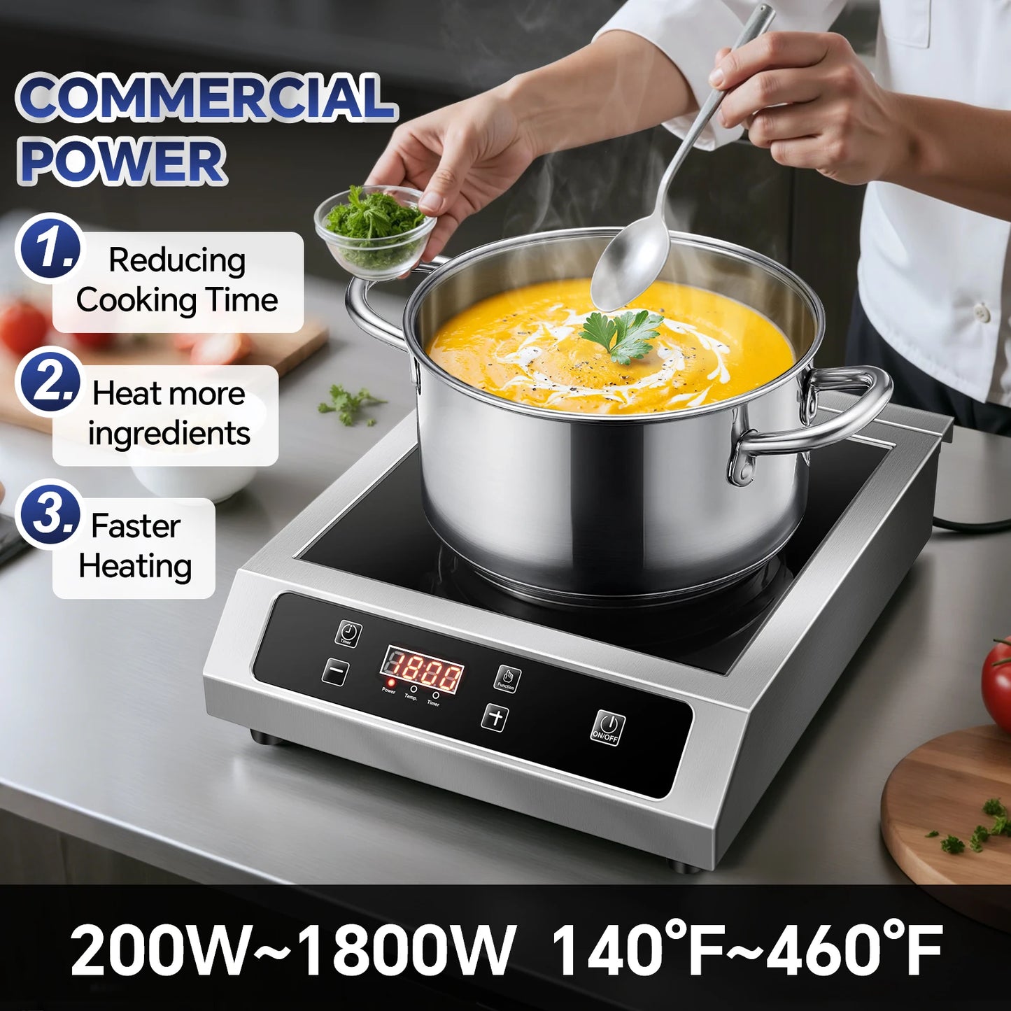17" 1800W Portable Electric Burner with 10 Power Levels, 140°F-460°F Temp Control, Timer Stainless Commercial Induction Cooktop