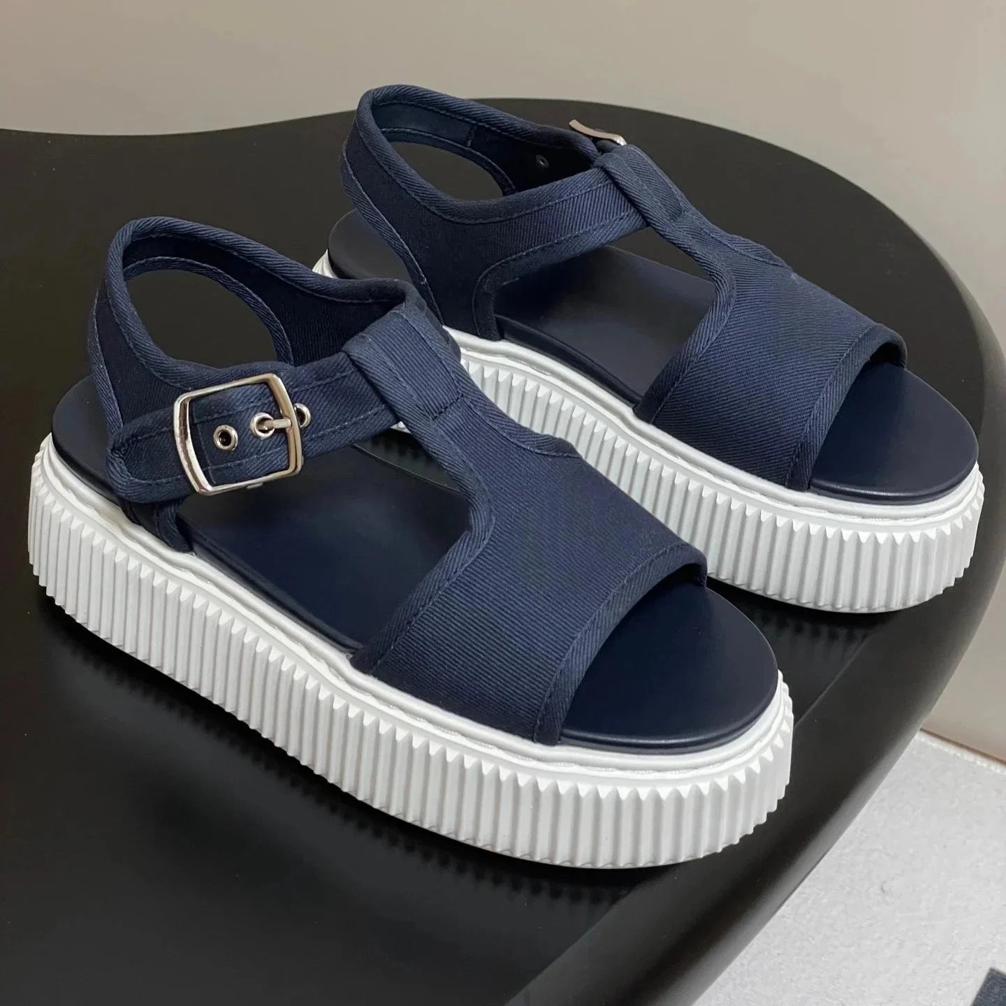 Newest Summer Canvas Shoes Fabric Open-Toe Thick Sole Buckle-Strap Woman Sandals Platform Mary Janes Gladiator Sandals