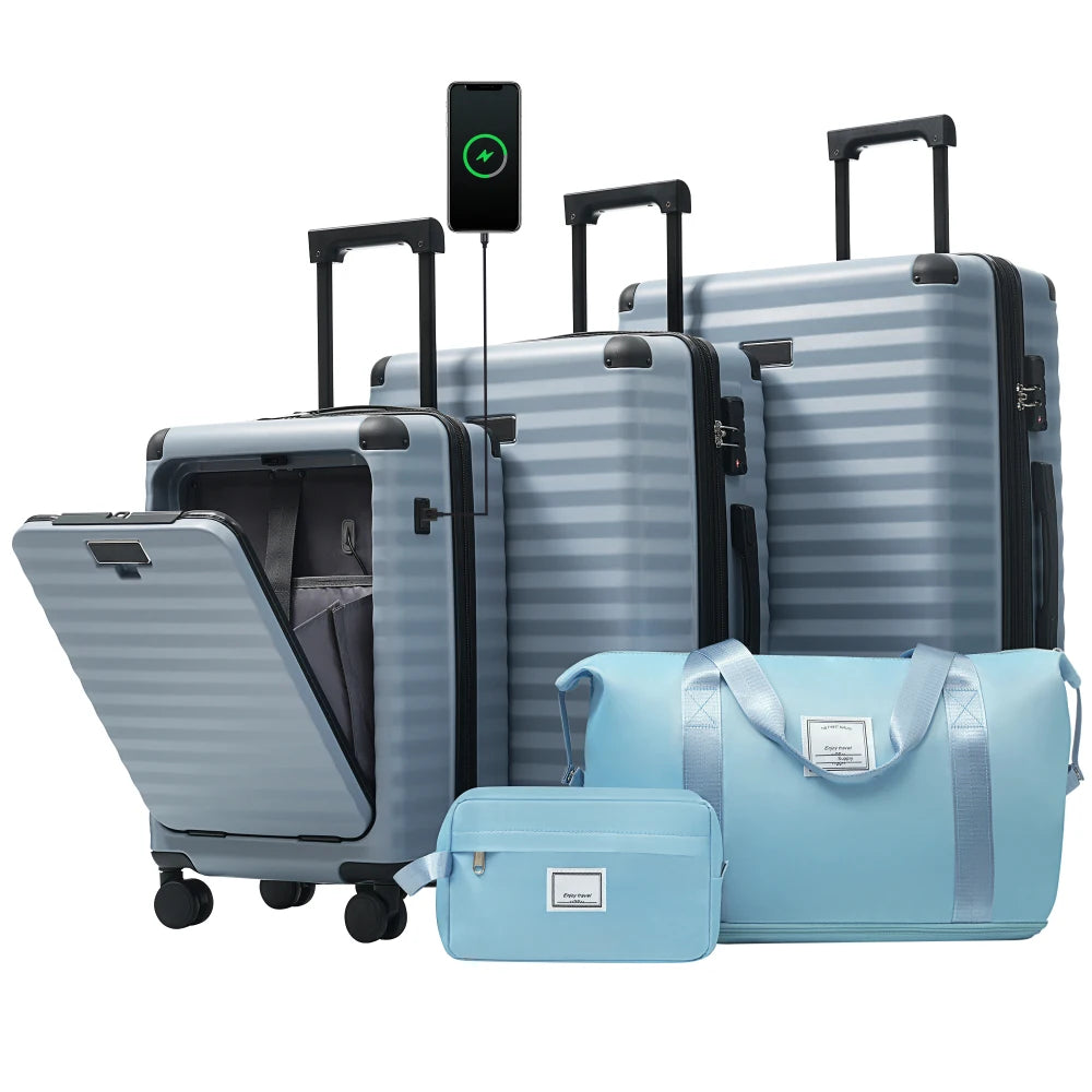 Front Opening Expandable Hardside 5 Piece Luggage Set with USB Port TSA Lock Cup Holder Spinner Wheels Duffel Bag Toiletry Bag