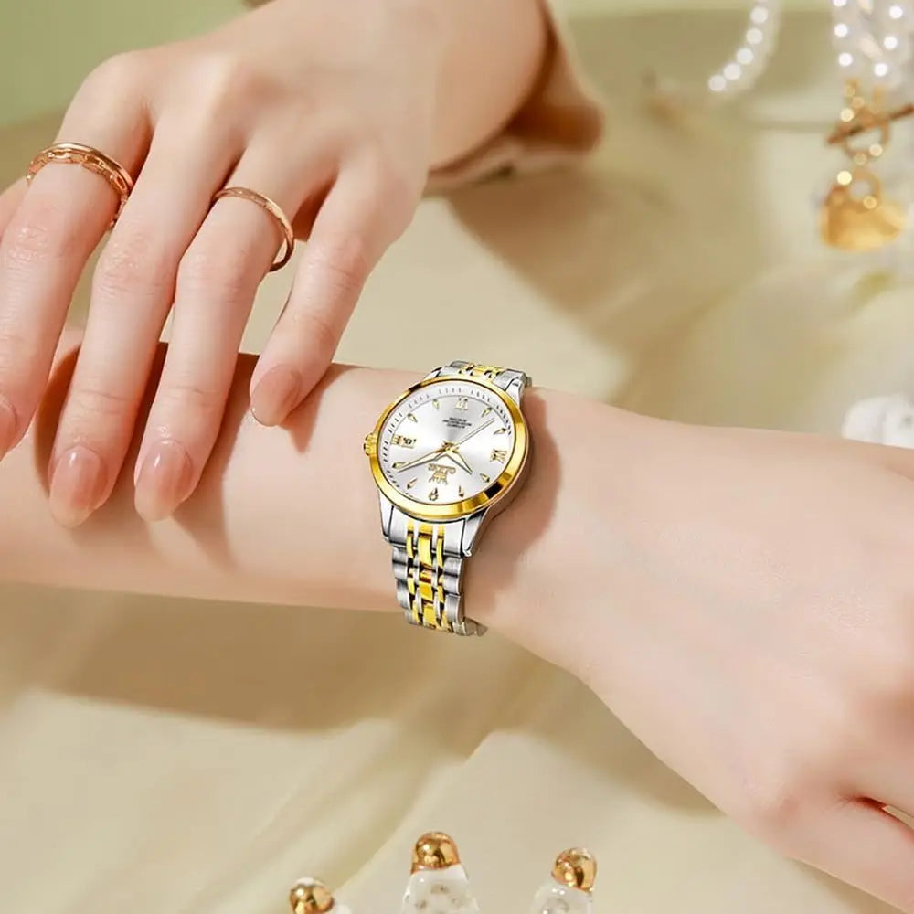OLEVS Womens Automatic Watch Gold Luxury Diamond Sel Winding Ladies Wrist Watches Waterproo Luminous Date