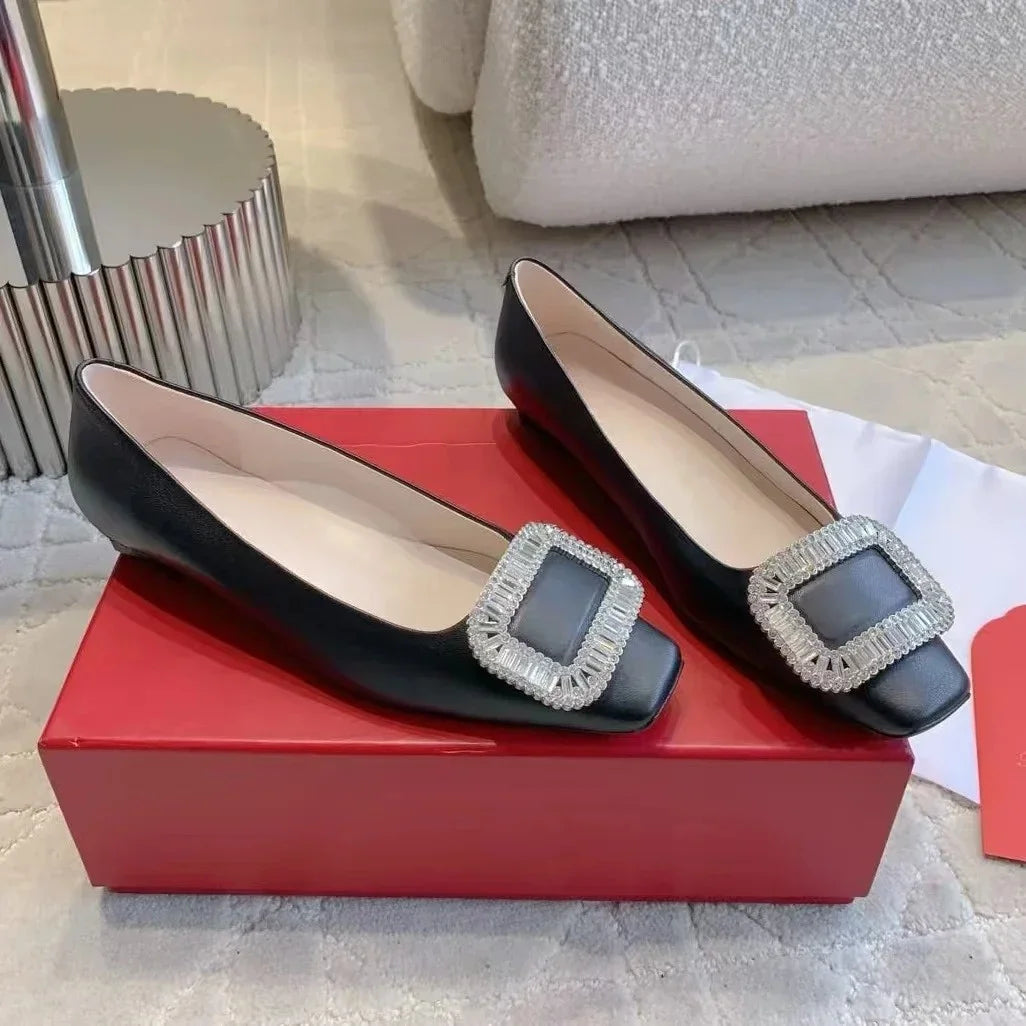 2026 Classic Silk Square-Toe Shallow Woman Flats Square-Button Decora  Mouth Single Shoes Willow Fashion Females Banquet