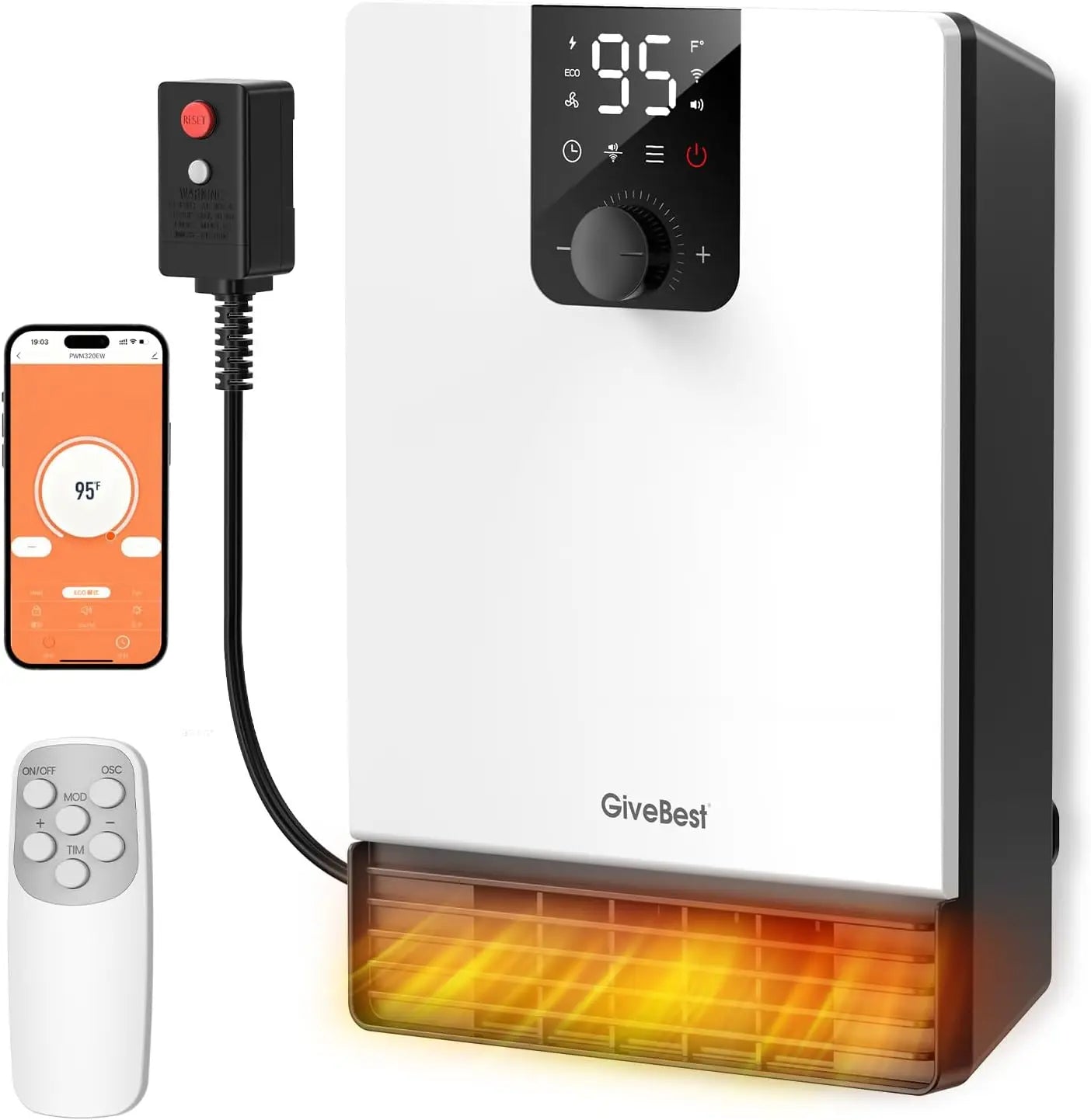 Wall Heater, 1500W Electric Space Heater, Adjustable Thermostat, 3 Modes, 24H Timer, Easy Mount, White