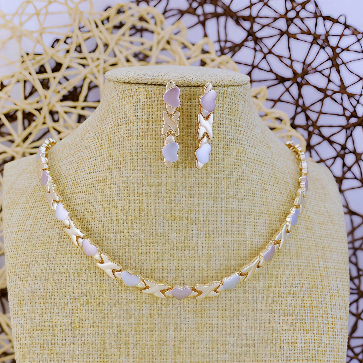 Gold Plated Heart Necklace & Earrings Set for Women, Tricolor XOXO Design, Wedding Bridal Dress Accessory