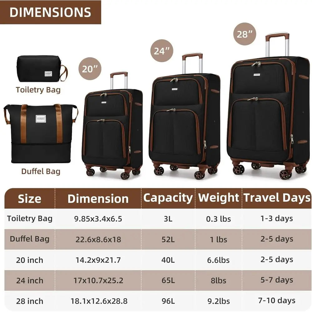 5-Piece Expandable Suitcase Set with Spinner Wheels, TSA Lock, Lightweight Hard Shell, Rolling Luggage for Men & Women, Black &