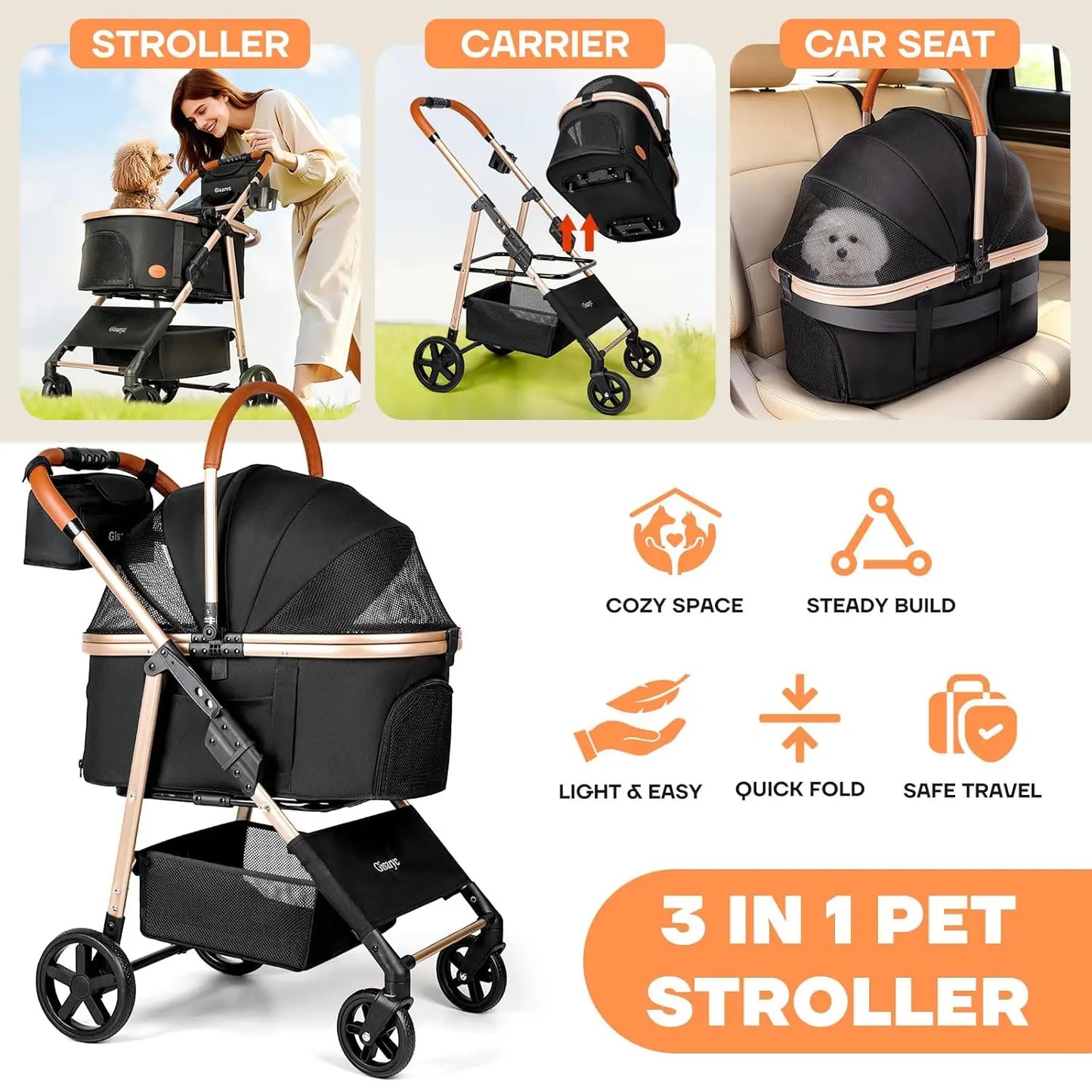 Foldable 3-in-1 Pet Stroller for Small/Medium Dogs Cats up to 50 lbs, with Carrier, Storage Basket, Rain Cover